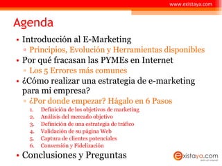 Agenda Introducción al E-Marketing Principios, Evolución y Herramientas disponibles Por qué fracasan las PYMEs en Internet Los 5 Errores más comunes ¿Cómo realizar una estrategia de e-marketing para mi empresa? ¿Por donde empezar? Hágalo en 6 Pasos Definición de los objetivos de marketing Análisis del mercado objetivo Definición de una estrategia de tráfico Validación de su página Web Captura de clientes potenciales Conversión y Fidelización Conclusiones y Preguntas www.existaya.com 