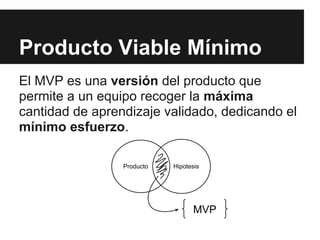 Producto Viable Mínimo
El MVP es una versión del producto que
permite a un equipo recoger la máxima
cantidad de aprendizaje validado, dedicando el
mínimo esfuerzo.

                 Producto   Hipotesis




                                  MVP
 