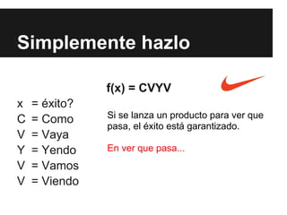 Simplemente hazlo

               f(x) = CVYV
x   = éxito?
C   = Como     Si se lanza un producto para ver que
               pasa, el éxito está garantizado.
V   = Vaya
Y   = Yendo    En ver que pasa...
V   = Vamos
V   = Viendo
 