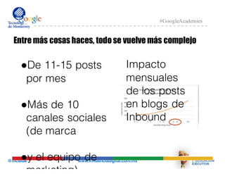 @mcielak www.influenciadigital.com.mx
#GoogleAcademies
Entre más cosas haces, todo se vuelve más complejo
●De 11-15 posts
por mes
●Más de 10
canales sociales
(de marca
●y el equipo de
marketing)
Impacto
mensuales
de los posts
en blogs de
Inbound
 
