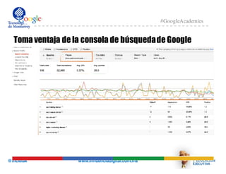 @mcielak www.influenciadigital.com.mx
#GoogleAcademies
Toma ventaja de la consola de búsquedade Google
 