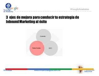 @mcielak www.influenciadigital.com.mx
#GoogleAcademies
3 ejes de mejora paraconducirtu estrategia de
InboundMarketingal éxito
 