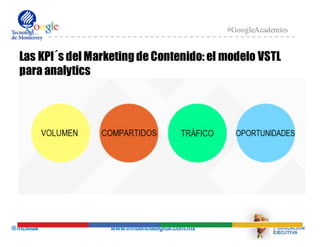 @mcielak www.influenciadigital.com.mx
#GoogleAcademies
Las KPI´s del Marketingde Contenido: el modelo VSTL
para analytics
 