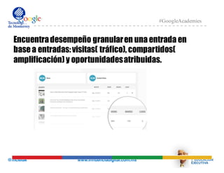 @mcielak www.influenciadigital.com.mx
#GoogleAcademies
Encuentradesempeño granularen una entrada en
base a entradas:visitas( tráfico), compartidos(
amplificación) y oportunidadesatribuidas.
 