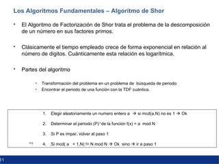 11
Los Algoritmos Fundamentales – Algoritmo de Shor
 El Algoritmo de Factorización de Shor trata el problema de la descomposición
de un número en sus factores primos.
 Clásicamente el tiempo empleado crece de forma exponencial en relación al
número de digitos. Cuánticamente esta relación es logarítmica.
 Partes del algoritmo
• Transformación del problema en un problema de búsqueda de periodo
• Encontrar el periodo de una función con la TDF cuántica.
1. Elegir aleatoriamente un numero entero a  si mcd(a,N) no es 1  Ok
2. Determinar el periodo (P) de la función f(x) = a mod N
3. Si P es impar, volver al paso 1
4. Si mcd( a + 1,N) != N mod N  Ok sino  ir a paso 1P/2
x
 