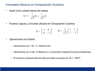 5
 Qubit como unidad básica de trabajo
 Puertas Lógicas y Circuitos utlizada en Computación Cuántica
.
 Operaciones con Qubits
– Operaciones con 1 bit  matrices 2x2
– Operaciones con 2 bits  Matrices 4 x 4 (permiten implantar funciones booleanas)
– El conjunto universal está formado por todas la puertas de 1Q + CNOT
Conceptos Básicos en Computación Cuántica
 