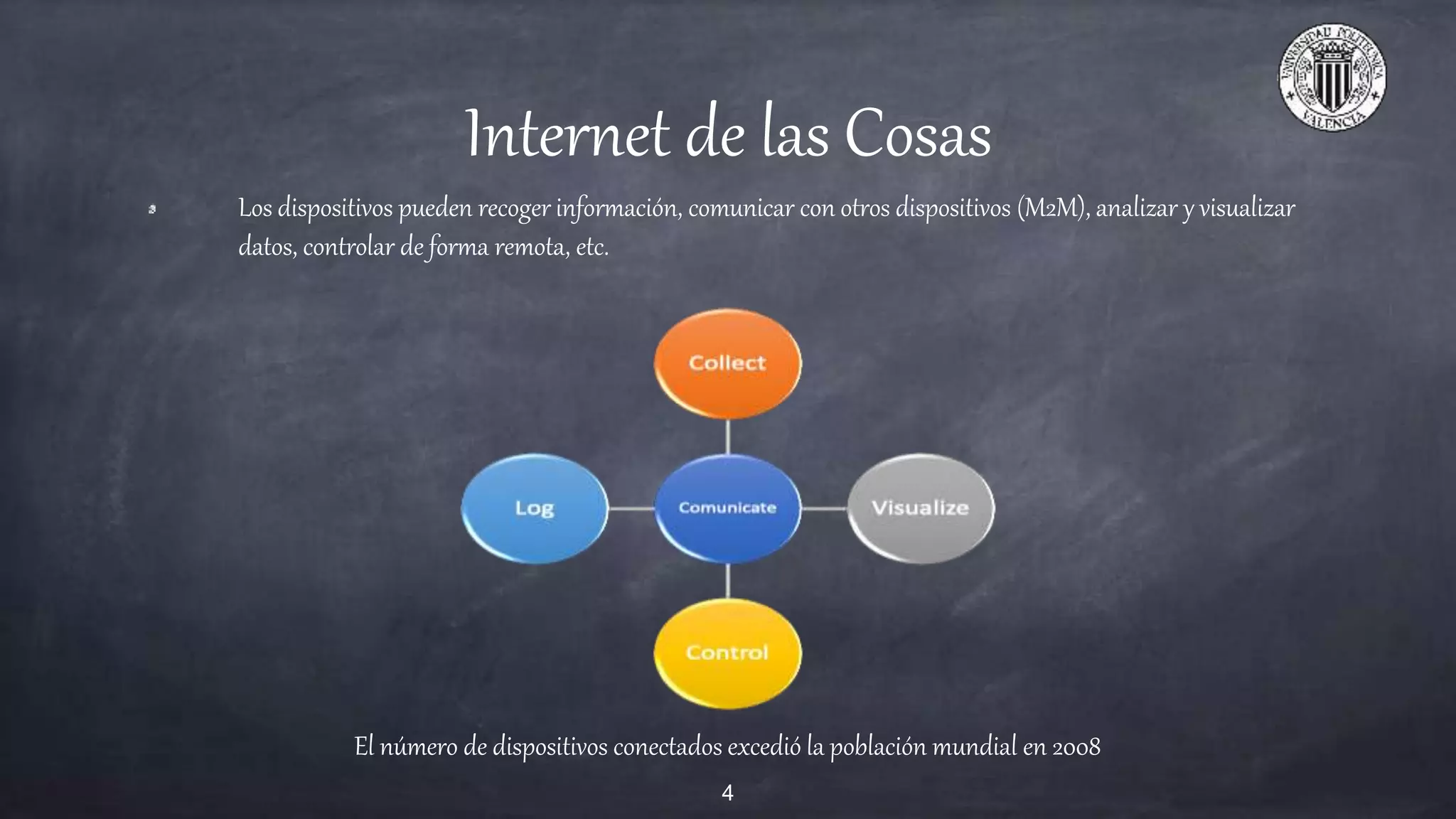 Internet de las Cosas
Los dispositivos pueden recoger información, comunicar con otros dispositivos (M2M), analizar y visualizar
datos, controlar de forma remota, etc.
El número de dispositivos conectados excedió la población mundial en 2008
4
 