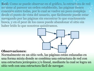 Red:  Como se puede observar en el gráfico, la estructura de red no tiene al parecer un orden establecido, las páginas tienen conexión entre todas, por lo cual se vuelve un poco compleja desde el punto de vista del usuario, que fácilmente puede estar navegando por las páginas sin encontrar lo que exactamente busca, y en el peor de los casos puede abandonar el sitio sin haber leído lo que nosotros quisiéramos.   Observaciones: Normalmente en un sitio web, las páginas están enlazadas en una forma mixta donde se combina una estructura de red con una estructura jerárquica y/o lineal, mediante la cual se logra un sitio web con una estructura fácil de navegar.  