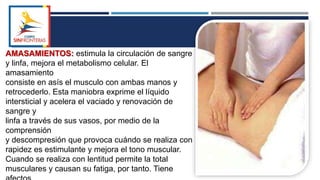 AMASAMIENTOS: estimula la circulación de sangre
y linfa, mejora el metabolismo celular. El
amasamiento
consiste en asís el musculo con ambas manos y
retrocederlo. Esta maniobra exprime el líquido
intersticial y acelera el vaciado y renovación de
sangre y
linfa a través de sus vasos, por medio de la
comprensión
y descompresión que provoca cuándo se realiza con
rapidez es estimulante y mejora el tono muscular.
Cuando se realiza con lentitud permite la total
musculares y causan su fatiga, por tanto. Tiene
 