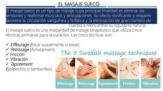 EL MASAJE SUECO
El masaje sueco es un tipo de masaje cuya principal finalidad es eliminar las
tensiones y reafirmar músculos y articulaciones. Su efecto tonificante y relajante
favorece la circulación sanguínea y linfática y la eliminación de gran número de
toxinas, además también ayuda al cuerpo a reencontrar su equilibrio natural.
El masaje sueco es una modalidad de masaje terapéutico que utiliza cinco
técnicas primarias para la curación. Las cinco técnicas son:
 Effleurage (tocar suavemente o rozar)
 Petrissage (Amasamiento)
 Fricción
 Vibración
 Tapotement
(golpecitos o tamborileo)
 