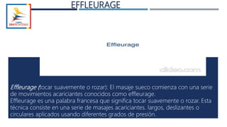 EFFLEURAGE
Effleurage (tocar suavemente o rozar): El masaje sueco comienza con una serie
de movimientos acariciantes conocidos como effleurage.
Effleurage es una palabra francesa que significa tocar suavemente o rozar. Esta
técnica consiste en una serie de masajes acariciantes. largos, deslizantes o
circulares aplicados usando diferentes grados de presión.
 