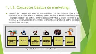 1.1.3. Conceptos básicos de marketing.
 Tratando de recoger los aspectos fundamentales de las distintas aportaciones
realizadas por la ama, Kotler y Amstrong (2008) definen el término marketing como
«un proceso social y de gestión, a través del cual individuos y grupos obtienen lo que
necesitan y desean, creando, ofreciendo e intercambiando productos u otras entidades
con valor para los otros».
 