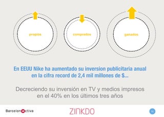compradospropios ganados
En EEUU Nike ha aumentado su inversion publicitaria anual
en la cifra record de 2,4 mil millones de $...

Decreciendo su inversión en TV y medios impresos en el 40%
en los últimos tres años ı
11
 