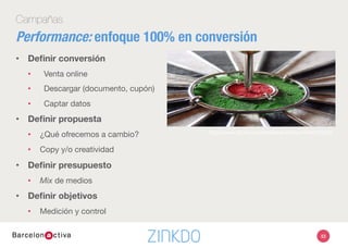 53
Campañas
•  Cosas que aprenderás…
•  ¿Qué motiva más a tus clientes?
•  ¿Cuál de tus productos/servicios funciona mejor?
•  ¿Qué propuesta de valor convierte más?
•  ¿Qué tipo de creatividades funcionan mejor?
•  ¿Cuántos datos puedes pedir?
•  ¿Qué está dispuesto a hacer tu cliente?
•  ¿Qué palabras clave reportan más conversión? 
•  ¿Deberías actualizar tu website con lo aprendido?
Performance: enfoque 100% en conversión
 