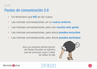SMM
Escucha Activa
•  Búscate
•  Busca qué te deﬁne
•  Aporta valor
•  Comparte
•  Responde dudas
•  Atención al cliente
•  Dialoga
•  Red de contactos
•  Ofrece razones para volver
60
 