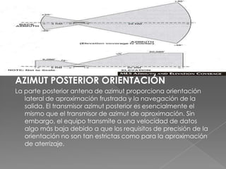 AZIMUT POSTERIOR ORIENTACIÓN
La parte posterior antena de azimut proporciona orientación
   lateral de aproximación frustrada y la navegación de la
   salida. El transmisor azimut posterior es esencialmente el
   mismo que el transmisor de azimut de aproximación. Sin
   embargo, el equipo transmite a una velocidad de datos
   algo más baja debido a que los requisitos de precisión de la
   orientación no son tan estrictas como para la aproximación
   de aterrizaje.
 