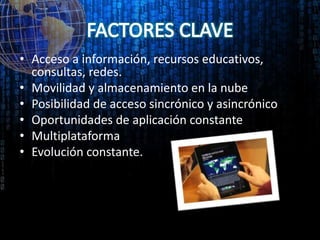 • Acceso a información, recursos educativos,
consultas, redes.
• Movilidad y almacenamiento en la nube
• Posibilidad de acceso sincrónico y asincrónico
• Oportunidades de aplicación constante
• Multiplataforma
• Evolución constante.