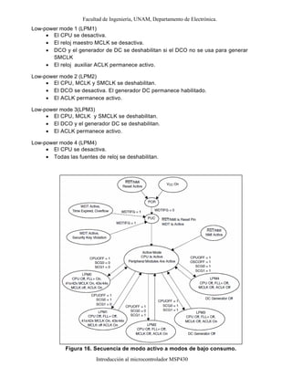 Facultad de Ingeniería, UNAM, Departamento de Electrónica.
Introducción al microcontrolador MSP430
Low-power mode 1 (LPM1)
• El CPU se desactiva.
• El reloj maestro MCLK se desactiva.
• DCO y el generador de DC se deshabilitan si el DCO no se usa para generar
SMCLK
• El reloj auxiliar ACLK permanece activo.
Low-power mode 2 (LPM2)
• El CPU, MCLK y SMCLK se deshabilitan.
• El DCO se desactiva. El generador DC permanece habilitado.
• El ACLK permanece activo.
Low-power mode 3(LPM3)
• El CPU, MCLK y SMCLK se deshabilitan.
• El DCO y el generador DC se deshabilitan.
• El ACLK permanece activo.
Low-power mode 4 (LPM4)
• El CPU se desactiva.
• Todas las fuentes de reloj se deshabilitan.
Figura 16. Secuencia de modo activo a modos de bajo consumo.
 
