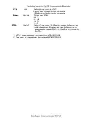 Facultad de Ingeniería, UNAM, Departamento de Electrónica.
Introducción al microcontrolador MSP430
XTS bit 6 Selección de modo de LFXT1
0 Modo para cristales de baja frecuencia
1 Modo para cristales de alta frecuencia
DIVAs bits 5-4 Divisor para ACLK
00 /1
01 /2
10 /4
11 /8
RSELx bits 3-0 Selección de rango. 16 diferentes rangos de frecuencias
están disponibles. El rango más bajo de frecuencia es
seleccionado cuando RSELx=0. Rsel3 se ignora cuando
DCOR=1
(1) XTS=1 no es soportado con dispositivos MSP430X20XX
(2) Este es un bit reservado en dispositivos MSP430AFE2XX
 