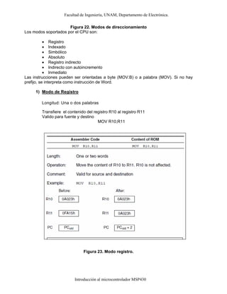 Facultad de Ingeniería, UNAM, Departamento de Electrónica.
Introducción al microcontrolador MSP430
Figura 22. Modos de direccionamiento
Los modos soportados por el CPU son:
• Registro
• Indexado
• Simbólico
• Absoluto
• Registro indirecto
• Indirecto con autoincremento
• Inmediato
Las instrucciones pueden ser orientadas a byte (MOV.B) o a palabra (MOV). Si no hay
prefijo, se interpreta como instrucción de Word.
1) Modo de Registro
Longitud: Una o dos palabras
Transfiere el contenido del registro R10 al registro R11
Valido para fuente y destino
MOV R10,R11
Figura 23. Modo registro.
 
