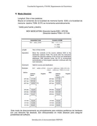 Facultad de Ingeniería, UNAM, Departamento de Electrónica.
Introducción al microcontrolador MSP430
4) Modo Absoluto
Longitud: Dos o tres palabras.
Mueve el contenido de la localidad de memoria fuente EDE a la localidad de
memoria destino TONI. El PC se incrementa automáticamente.
Valido para fuente y destino
MOV &EDE,&TONI ;Dirección fuente EDE = 0F016h
;Dirección destino TONI = 01114h
Este modo de direccionamiento es principalmente para módulos periféricos de hardware
con una dirección fija absoluta. Son direccionados en modo absoluto para asegurar
portabilidad del software.
 