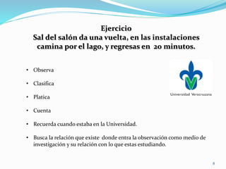 8
Ejercicio
Sal del salón da una vuelta, en las instalaciones
camina por el lago, y regresas en 20 minutos.
• Observa
• Clasifica
• Platica
• Cuenta
• Recuerda cuando estaba en la Universidad.
• Busca la relación que existe donde entra la observación como medio de
investigación y su relación con lo que estas estudiando.
 
