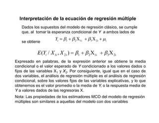 Interpretación de la ecuación de regresión múltiple
Dados los supuestos del modelo de regresión clásico, se cumple
que, al tomar la esperanza condicional de Y a ambos lados de
se obtiene
X
X i
2i
3
1i
2
1
i
Y
X
X
)
,
/
( 2i
3
1i
2
1
2
1 i
i
i X
X
Y
E
Expresado en palabras, de la expresión anterior se obtiene la media
condicional o el valor esperado de Y condicionado a los valores dados o
fijos de las variables X1 y X2. Por consiguiente, igual que en el caso de
dos variables, el análisis de regresión múltiple es el análisis de regresión
condicional, sobre los valores fijos de las variables explicativas, y lo que
obtenemos es el valor promedio o la media de Y, o la respuesta media de
Y a valores dados de las regresoras X.
Nota: Las propiedades de los estimadores MCO del modelo de regresión
múltiples son similares a aquellas del modelo con dos variables
 