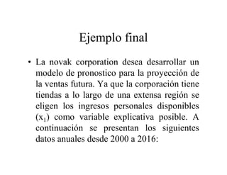 Ejemplo final
• La novak corporation desea desarrollar un
modelo de pronostico para la proyección de
la ventas futura. Ya que la corporación tiene
tiendas a lo largo de una extensa región se
eligen los ingresos personales disponibles
(x1) como variable explicativa posible. A
continuación se presentan los siguientes
datos anuales desde 2000 a 2016:
 