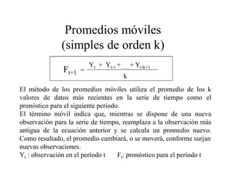 Promedios móviles
(simples de orden k)
Ft+1 =
Yt + Yt-1 +……+ Yt-k+1
k
El método de los promedios móviles utiliza el promedio de los k
valores de datos más recientes en la serie de tiempo como el
pronóstico para el siguiente periodo.
El término móvil indica que, mientras se dispone de una nueva
observación para la serie de tiempo, reemplaza a la observación más
antigua de la ecuación anterior y se calcula un promedio nuevo.
Como resultado, el promedio cambiará, o se moverá, conforme surjan
nuevas observaciones.
Yt : observación en el período t Ft: pronóstico para el período t
 