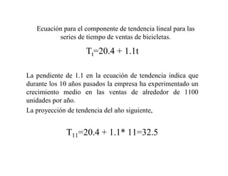 Ecuación para el componente de tendencia lineal para las
series de tiempo de ventas de bicicletas.
Tt=20.4 + 1.1t
La pendiente de 1.1 en la ecuación de tendencia indica que
durante los 10 años pasados la empresa ha experimentado un
crecimiento medio en las ventas de alrededor de 1100
unidades por año.
La proyección de tendencia del año siguiente,
T11=20.4 + 1.1* 11=32.5
 