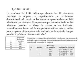 La pendiente de 0.148 indica que durante los 16 trimestres
anteriores la empresa ha experimentado un crecimiento
desestacionalizado medio en las ventas de aproximadamente 148
televisores por trimestre. Si suponemos que la tendencia de los 16
trimestres pasados en datos de ventas es un indicador
razonablemente bueno del futuro, podemos utilizar esta ecuación
para proyectar el componente de tendencia de la serie de tiempo
para los 4 próximos trimestres del año 5.
t
proyección
de tendencia.
(en miles)
17 7,617
18 7,765
19 7,913
20 8,061
El paso final en el desarrollo del pronóstico, cuando tanto el componente de
tendencia como el estacional están presentes, es utilizar el índice estacional
para ajustar la proyección de tendencia.
Tt=5.101 + 0.148 t
 