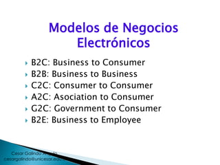 Modelos de Negocios
Electrónicos
 B2C: Business to Consumer
 B2B: Business to Business
 C2C: Consumer to Consumer
 A2C: Asociation to Consumer
 G2C: Government to Consumer
 B2E: Business to Employee
cesargalindo@unicesar.edu.co
Cesar Galindo Angulo
 