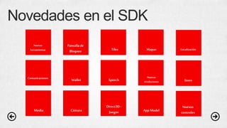 Novedades en el SDK
Nuevas
herramientas
Comunicaciones
Wallet Speech
Pantallade
Bloqueo Tiles Mapas
Nuevas
resoluciones
AppModel
Direct3D-
JuegosCámaraMedia
Localización
Store
Nuevos
controles
 