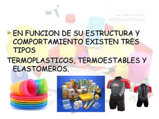 ►EN FUNCION DE SU ESTRUCTURA YEN FUNCION DE SU ESTRUCTURA Y
COMPORTAMIENTO EXISTEN TRESCOMPORTAMIENTO EXISTEN TRES
TIPOSTIPOS
TERMOPLASTICOS, TERMOESTABLES YTERMOPLASTICOS, TERMOESTABLES Y
ELASTOMEROS.ELASTOMEROS.
 