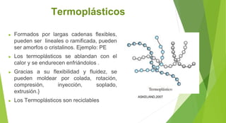 Termoplásticos
► Formados por largas cadenas flexibles,
pueden ser lineales o ramificada, pueden
ser amorfos o cristalinos. Ejemplo: PE
► Los termoplásticos se ablandan con el
calor y se endurecen enfriándolos .
► Gracias a su flexibilidad y fluidez, se
pueden moldear por colada, rotación,
compresión, inyección, soplado,
extrusión.}
► Los Termoplásticos son reciclables
ASKELAND,2007
 