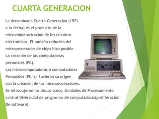CUARTA GENERACION
La denominada Cuarta Generación (1971
a la fecha) es el producto de la
microminiaturización de los circuitos
electrónicos. El tamaño reducido del
microprocesador de chips hizo posible
La creación de las computadoras
personales (PC).
Las microcomputadoras o computadoras
Personales (PC´s) tuvieron su origen
con la creación de los microprocesadores.
Se introdujeron los discos duros, Unidades de Procesamiento
central Diversidad de programas de computadoras(proliferación
De software).
 
