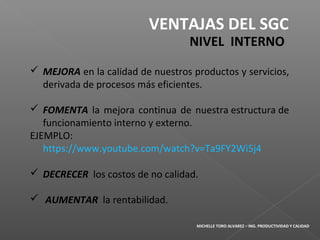 MEJORA en la calidad de nuestros productos y servicios,
derivada de procesos más eficientes.
 FOMENTA la mejora continua de nuestra estructura de
funcionamiento interno y externo.
EJEMPLO:
https://www.youtube.com/watch?v=Ta9FY2Wi5j4
 DECRECER los costos de no calidad.
 AUMENTAR la rentabilidad.
VENTAJAS DEL SGC
NIVEL INTERNO
MICHELLE TORO ALVAREZ – ING. PRODUCTIVIDAD Y CALIDAD
 