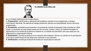 EL MODELO DE WALLAS
Es un modelo tradicional con cuatro pasos:
1. Preparación: clarificación y definición del problema, pensar en sus exigencias y recoger
información relevante. Se efectúa el trabajo preliminar: piensa con toda libertad, busca, escucha
sugerencias…
2. Incubación: actividad preconsciente o inconsciente cuando el pensador está ocupado en otras
cosas. La duración de esta etapa puede ser de minutos, meses o años. El material recogido no
permanece en la mente de la persona creativa en un estado de pasividad, sino que pasa por una
elaboración y organización interna.
3. Iluminación: cuando la persona ve la solución del problema. Ocurre un cambio en la percepción,
una nueva combinación de las ideas que conducen a una solución.
4. Verificación: constituye la fase final donde se comprueba la solución.
 