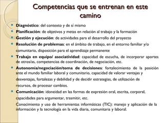Competencias que se entrenan en esteCompetencias que se entrenan en este
caminocamino
 Diagnóstico: del contexto y de sí mismo
 Planificación: de objetivos y metas en relación al trabajo y la formación
 Gestión y ejecución: de actividades para el desarrollo del proyecto
 Resolución de problemas: en el ámbito de trabajo, en el entorno familiar y/o
comunitario, disposición para el aprendizaje permanente
 Trabajo en equipo/ asociatividad: capacidad de escucha, de incorporar aportes
de otros/as, competencias de coordinación, de negociación, etc.
 Autonomía/negociación/toma de decisiones: fortalecimiento de la posición
ante el mundo familiar laboral y comunitario, capacidad de valorar ventajas y
desventajas, fortalezas y debilidad y de decidir estrategias, de utilización de
recursos, de procesar cambios.
 Comunicación: idoneidad en las formas de expresión oral, escrita, corporal,
capacidades para argumentar, trasmitir, etc.
Conocimiento y uso de herramientas informáticas (TIC): manejo y aplicación de la
información y la tecnología en la vida diaria, comunitaria y laboral.
 
