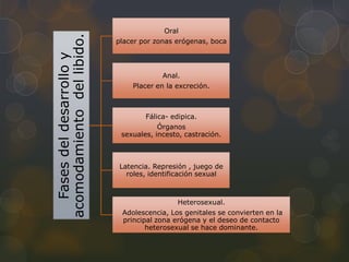 Oral




acomodamiento del libido.
                            placer por zonas erógenas, boca


  Fases del desarrollo y
                                         Anal.
                                Placer en la excreción.



                                    Fálica- edipica.
                                        Órganos
                             sexuales, incesto, castración.



                            Latencia. Represión , juego de
                              roles, identificación sexual



                                             Heterosexual.
                             Adolescencia, Los genitales se convierten en la
                             principal zona erógena y el deseo de contacto
                                    heterosexual se hace dominante.
 