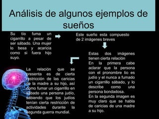 Análisis de algunos ejemplos de
sueños
Su tío fuma un
cigarrillo a pesar de
ser sábado. Una mujer
lo besa y acaricia
como si fuera hijo
suyo.
Este sueño esta compuesto
de 2 imágenes breves
Estas dos imágenes
tienen cierta relación
En la primera cabe
aclarar que la persona
con el pronombre tio es
judío y el nunca a fumado
un cigarrillo sábado, y lo
describe como una
persona bondadosa.
En la segunda imagen es
muy claro que se habla
de caricias de una madre
a su hijo.
La relación que se
presenta es de cierta
restricción de las caricias
de la madre a su hijo, así
como fumar un cigarrillo en
sábado una persona judío,
sabiendo que los judíos
tenían cierta restricción de
actividades durante la
segunda guerra mundial.
 