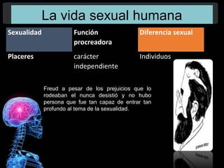 La vida sexual humana
Sexualidad Función
procreadora
Diferencia sexual
Placeres carácter
independiente
Individuos
Freud a pesar de los prejuicios que lo
rodeaban el nunca desistió y no hubo
persona que fue tan capaz de entrar tan
profundo al tema de la sexualidad.
 