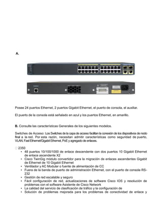 A.
Posee 24 puertos Ethernet, 2 puertos Gigabit Ethernet, el puerto de consola, el auxiliar.
El puerto de la consola está señalado en azul y los puertos Ethernet, en amarillo.
B. Consulte las características Generales de los siguientes modelos.
Switches de Acceso: Los Switches de la capa de acceso facilitan la conexión de los dispositivos de nodo
final a la red. Por esta razón, necesitan admitir características como seguridad de puerto,
VLAN, Fast Ethernet/Gigabit Ethernet, PoE y agregado de enlaces.
• 48 puertos 10/100/1000 de enlace descendente con dos puertos 10 Gigabit Ethernet
de enlace ascendente X2
• Cisco TwinGig módulo convertidor para la migración de enlaces ascendentes Gigabit
de Ethernet de 10 Gigabit Ethernet
• Ventilador y AC Modular o fuente de alimentación de CC
• Fuera de la banda de puerto de administración Ethernet, con el puerto de consola RS-
232
• Gestión de red escalable y seguro
• Fácil configuración de red, actualizaciones de software Cisco IOS y resolución de
problemas con el software Asistente de Cisco Network
• La calidad del servicio de clasificación de tráfico y la configuración de
• Solución de problemas mejorada para los problemas de conectividad de enlace y
 