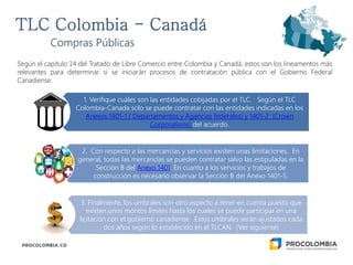 Según el capitulo 14 del Tratado de Libre Comercio entre Colombia y Canadá, estos son los lineamentos más
relevantes para determinar si se iniciarán procesos de contratación pública con el Gobierno Federal
Canadiense.
Compras Públicas
1. Verifique cuáles son las entidades cobijadas por el TLC. Según el TLC
Colombia-Canada solo se puede contratar con las entidades indicadas en los
Anexos 1401-1 ( Departamentos y Agencias federales) y 1401-2 (Crown
Corporations) del acuerdo.
2. Con respecto a las mercancías y servicios existen unas limitaciones. En
general, todas las mercancías se pueden contratar salvo las estipuladas en la
Sección B del Anexo 1401. En cuanto a los servicios y trabajos de
construcción es necesario observar la Sección B del Anexo 1401-5.
3. Finalmente, los umbrales son otro aspecto a tener en cuenta puesto que
existen unos montos límites hasta los cuales se puede participar en una
licitación con el gobierno canadiense. Estos umbrales serán ajustados cada
dos años según lo establecido en el TLCAN. (Ver siguiente)
 