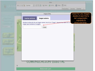 Insertar una imagen desde el escritorio del computador, copiando la dirección http .
