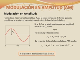 Modulación en Amplitud:
Consiste en hacer variar la amplitud Ap de la señal portadora de forma que esta
cambie de acuerdo con las variaciones de nivel de la señal moduladora.
                                   Si se define la señal moduladora (de amplitud
                                   normalizada), como:
                                                          x (t )
                                   Y a la señal portadora como:
                                                 yp      A p sen ( 2 f p t )

                                    La ecuación de la señal modulada en AM resulta:

                                          yp    A p (1    m    x ( t )) sen ( 2 f p t )



                 m es el índice de modulación de la señal
 