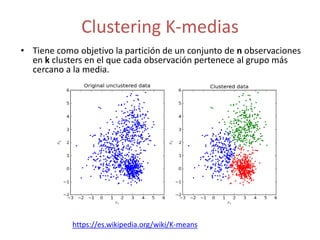 Clustering K-medias
https://es.wikipedia.org/wiki/K-means
• Tiene como objetivo la partición de un conjunto de n observaciones
en k clusters en el que cada observación pertenece al grupo más
cercano a la media.
 