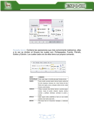 Pestaña Inicio: Contiene las operaciones que más comúnmente realizamos, ellas
a la vez se dividen el Grupos los cuales son: Portapapeles, Fuente, Párrafo,
Estilos y Edición. Los cuales cada uno de ellos tiene sus propios comando.

5

 