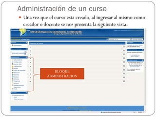 Administración de un curso
 Una vez que el curso esta creado, al ingresar al mismo como
  creador o docente se nos presenta la siguiente vista:




                 BLOQUE
              ADMINISTRACION
 