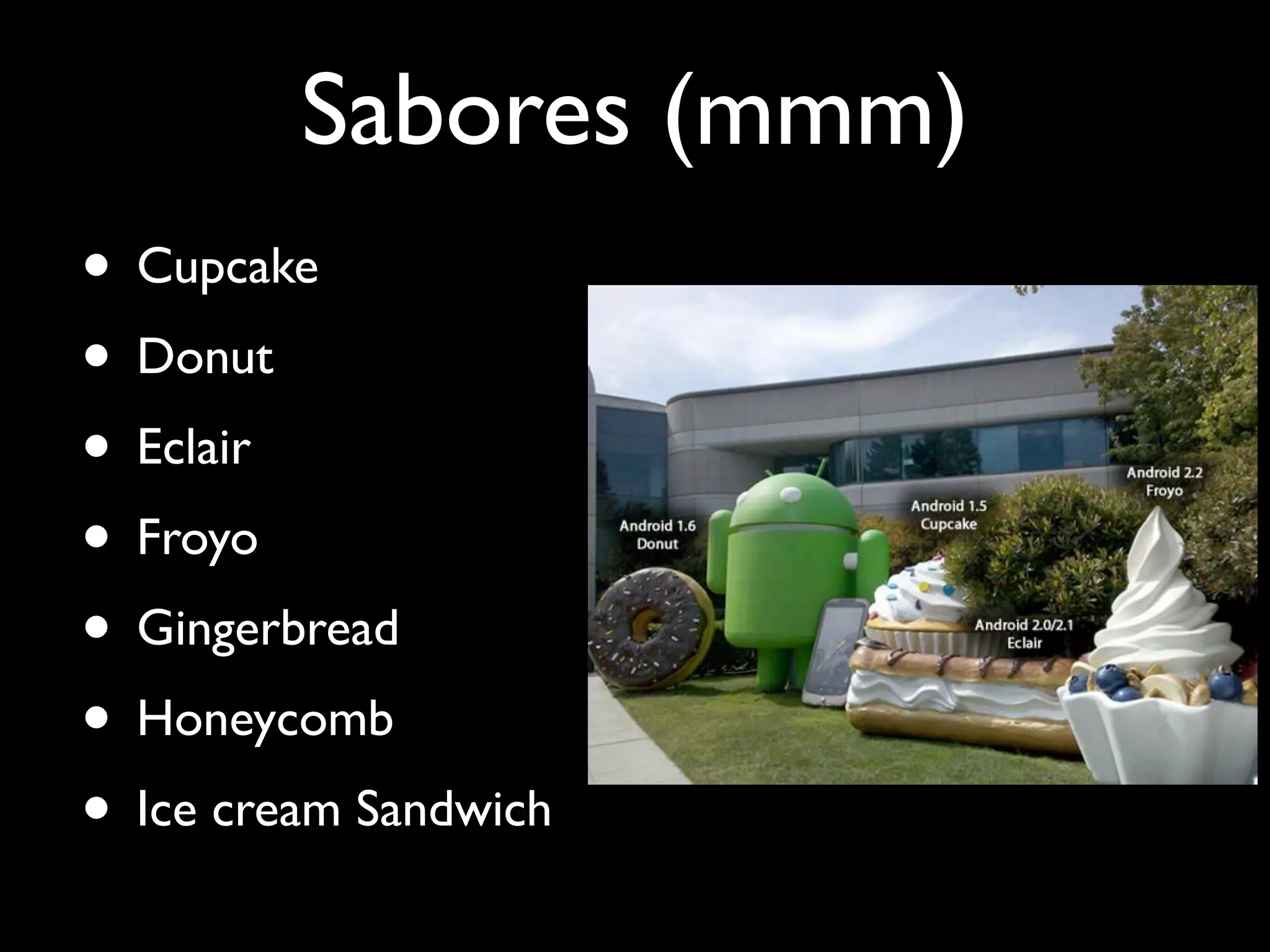 Sabores (mmm)
• Cupcake
• Donut
• Eclair
• Froyo
• Gingerbread
• Honeycomb
• Ice cream Sandwich
 